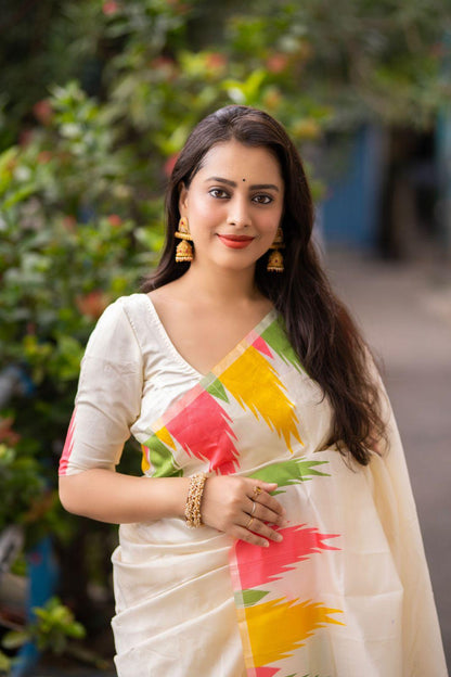 Cream Polycotton Woven Design Saree with Unstitched Blouse - A2M