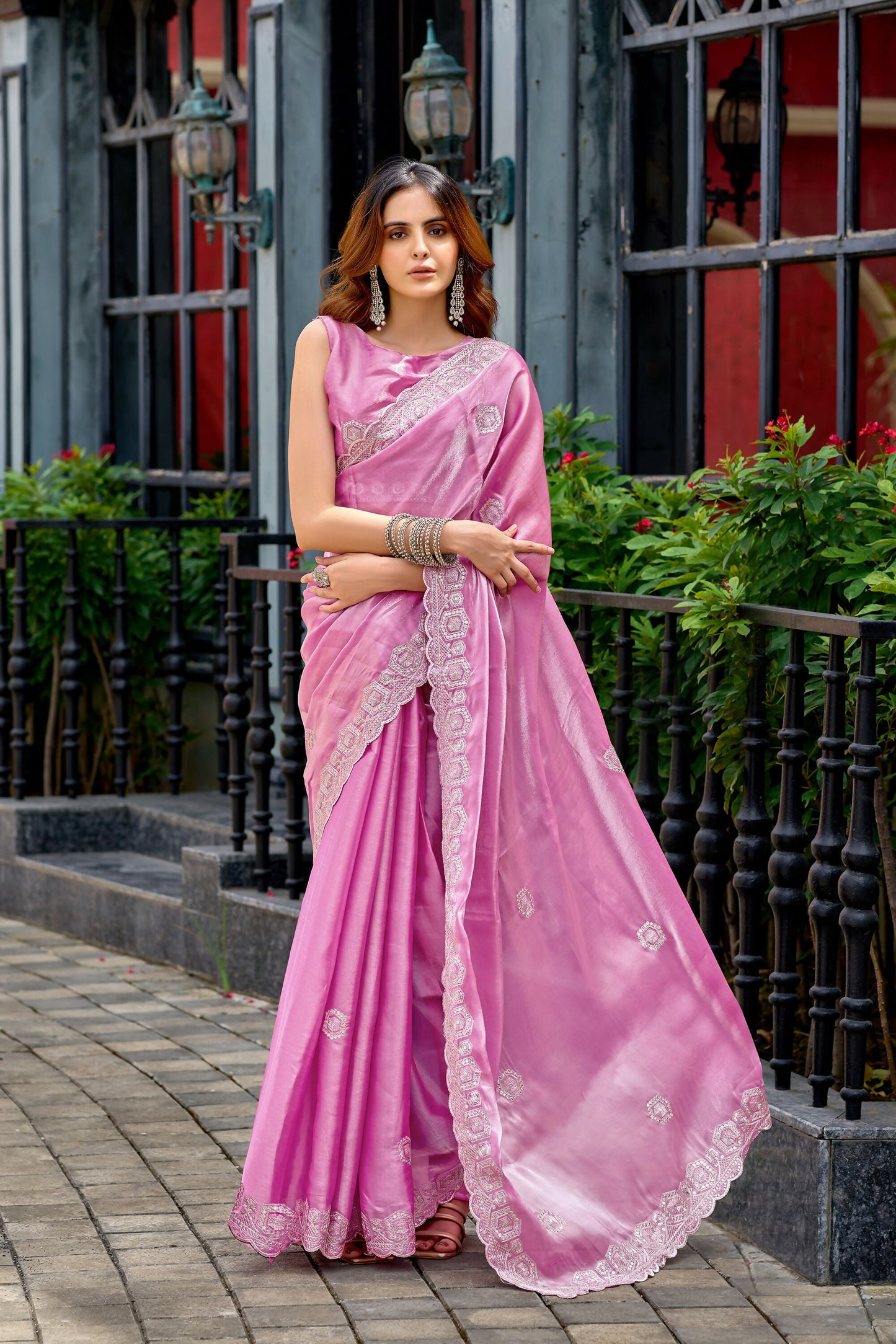 Vastranavya Baby Pink Embroidery Work Shimmer Chiffon Saree with Unstitched Blouse