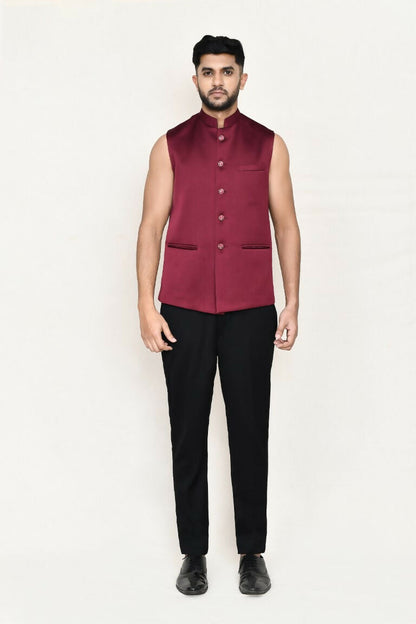 Joban Fashion Maroon Colored Imported Jacquard Fabric Open Prince Coat, Jacket With Pant