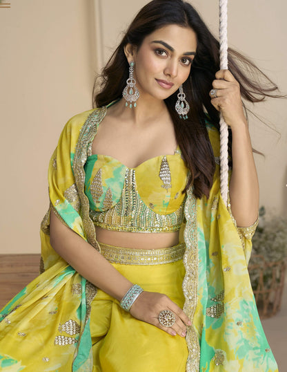 Anaita Mustard Chinon Free Size Readymade Shrug Suit with Embroidery Sequence Work (Free Size)