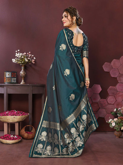 Joban Fashion Emerald green Floral Motifs Banarasi Silk Sarees