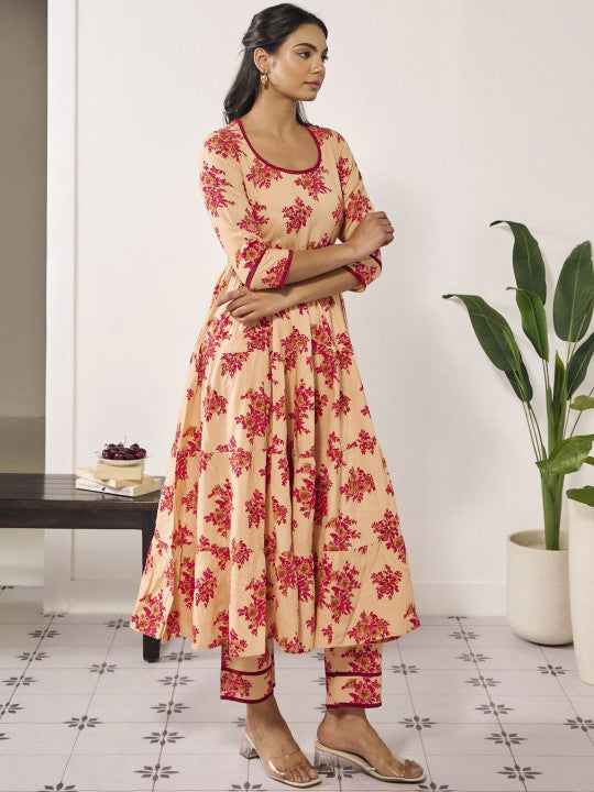 Anayna Floral Printed Pure Cotton Anarkali Kurta with Trousers & Dupatta
