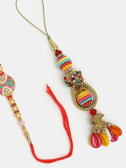 NVR Women & Men Set of 2 Multicolor Artificial beads Bhaiya Bhabhi Rakhi With Roli Chawal & Chocolate