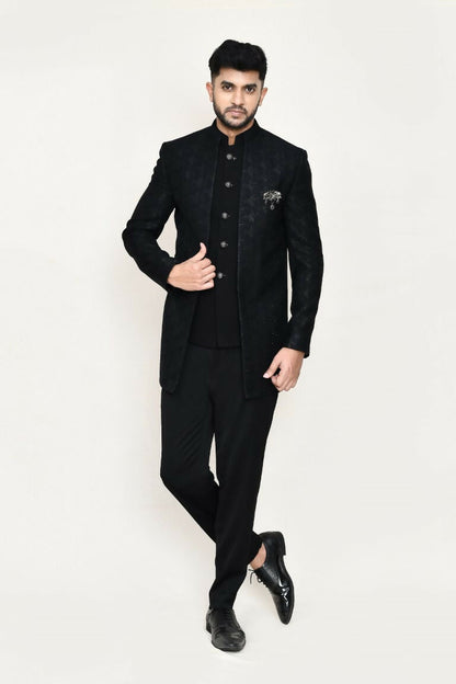 Joban Fashion Black Colored Imported Jacquard Fabric Open Prince Coat, Jacket With Pant
