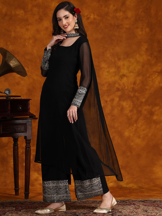 Sangria Embroidery Georgette Kurta Palazzo With Dupatta Set