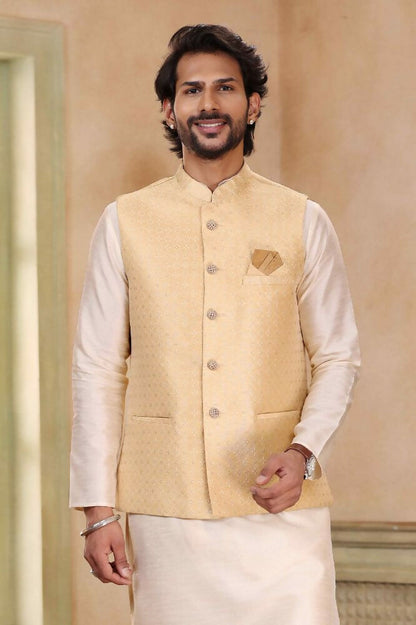 Raivat Ethnic Jacquard Banarasi Silk Woven Work 3 Pics Jacket Set In Beige Colour