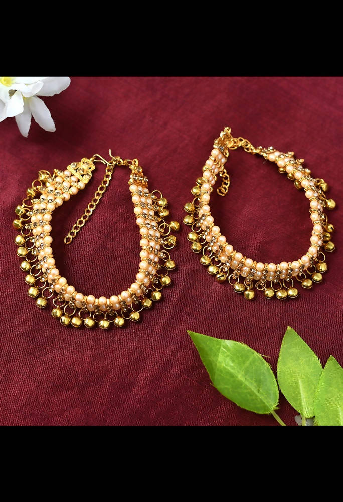 Mominos Fashion Kamal Johar Gold-Polished Pearls Anklets With Muvvas