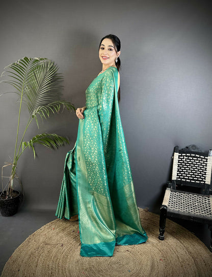 Joban Fashion Rama Green Floral & Paisley Motifs Soft Satin Silk Banarasi Saree