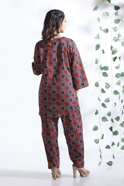Breathables Abstract Cotton Co-Ord Set – Red
