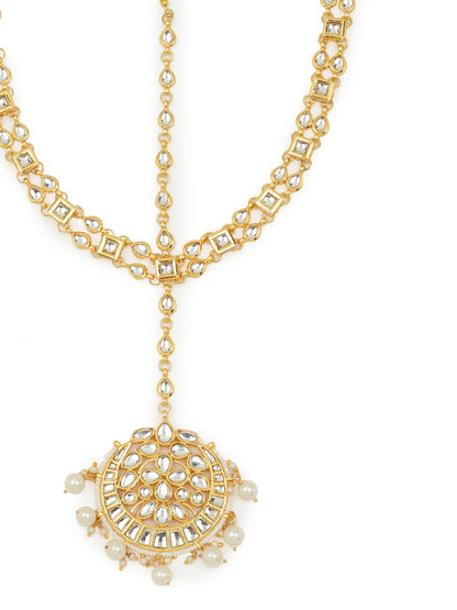 Gold-Polished White Kundan-Studded Pearl Beaded Matha Patti - Ruby Raang