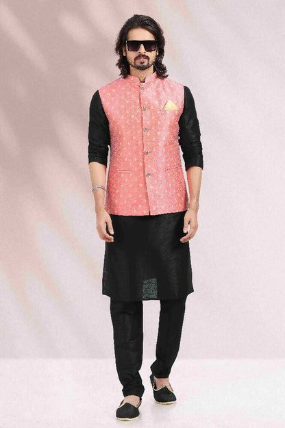 Raivat Ethnic Jacquard Banarasi Silk Woven Work 3 Pics Jacket Set In Pink Colour