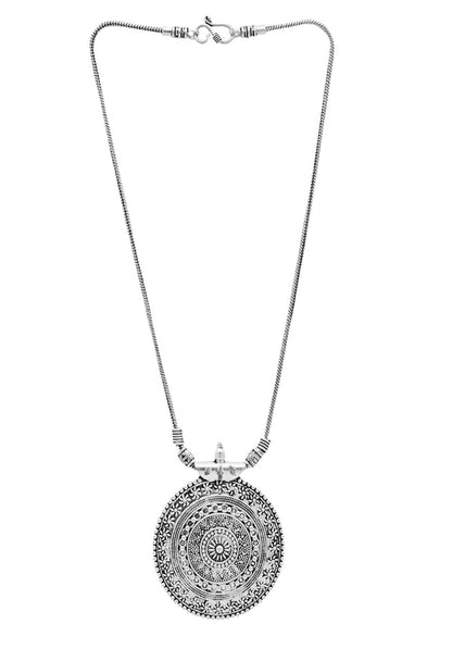 Mominos Fashion Johar Kamal Oxidised Silver-Plated Long Chain with Pendant & Studs For Women