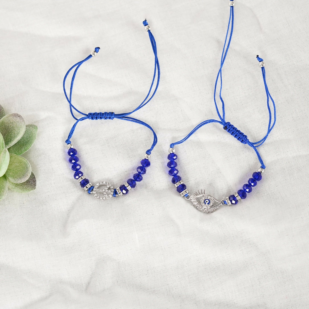 NVR Women & Men Set of 2 Blue Evil Eye Rakhi With Roli Chawal