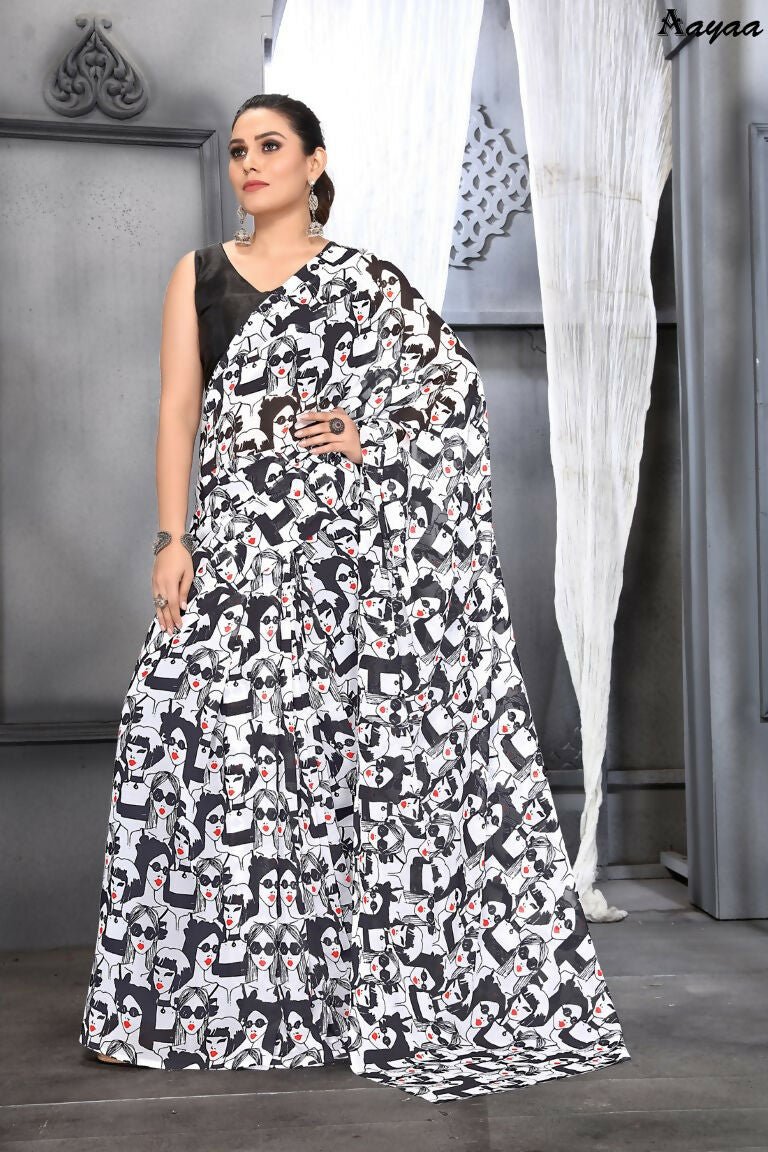 Aayaa Designer Printed Georgette Saree - Multi Color