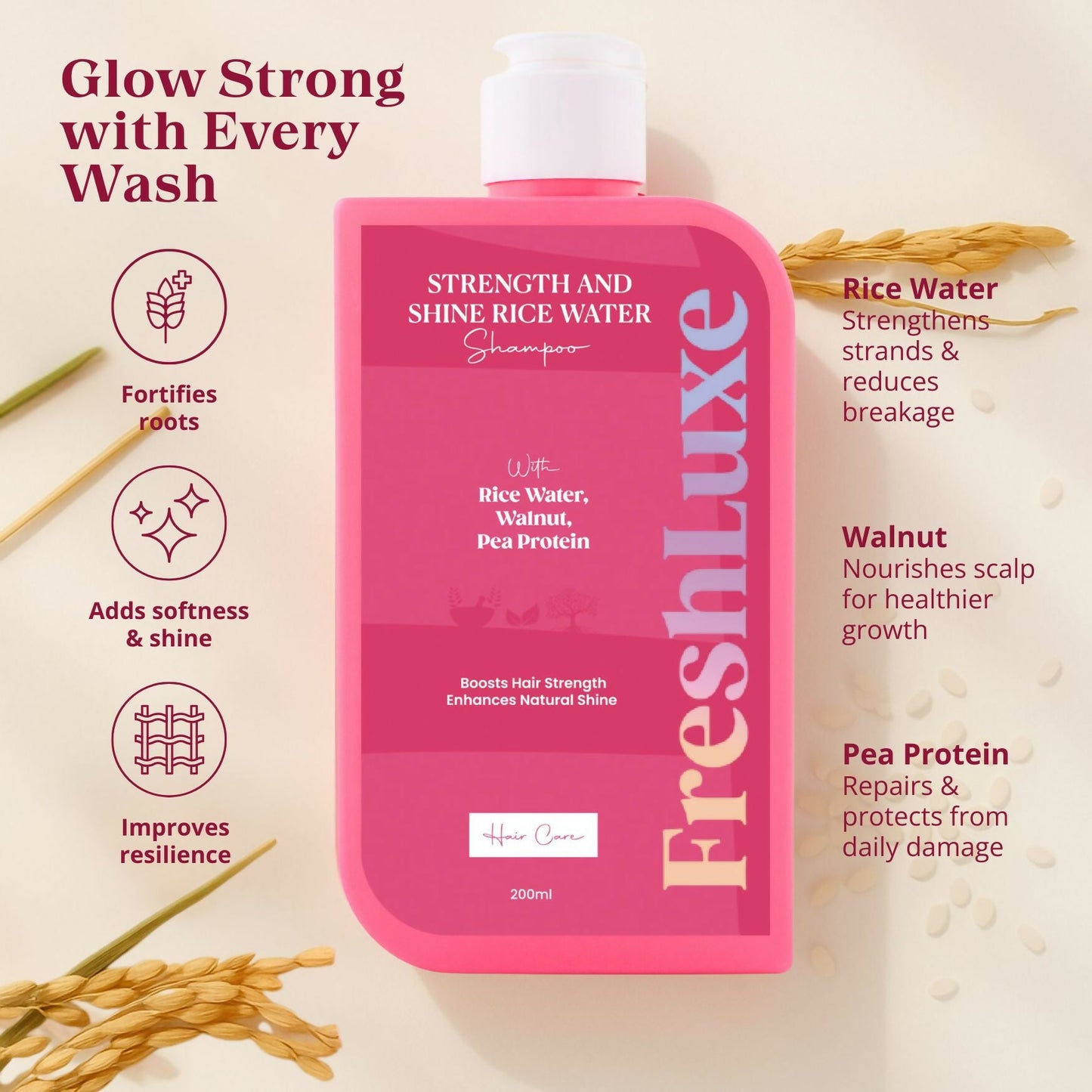 FreshLuxe Strength & Shine Shampoo Rice Water, Walnut Oil & Pea Protein For Damaged Hair & Reduce Split Ends