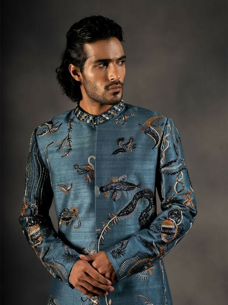 Deep Blue Hand Embroidered Indowestern Sherwani by Hilo Design