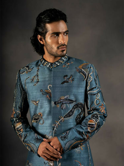 Deep Blue Hand Embroidered Indowestern Sherwani by Hilo Design