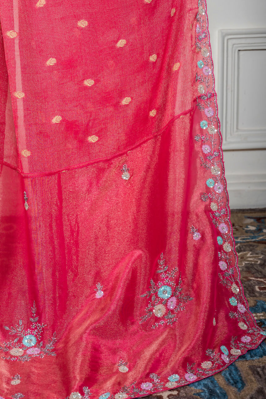 Morchari Pink Pure Chiffon Hand Embroidery Saree And Stitched Blouse