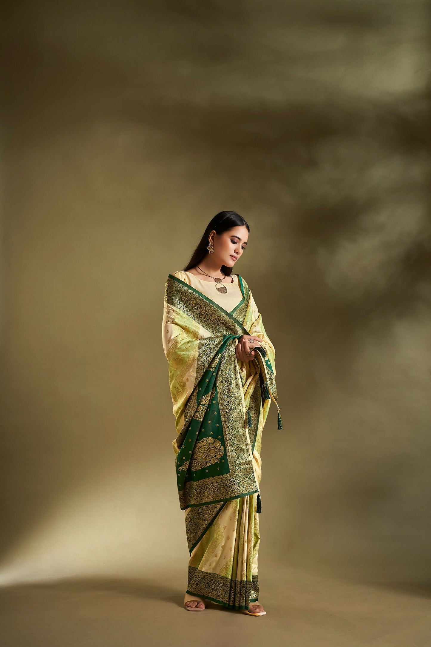 Joban Fashion Cream & Light Green Plain With Weaving Border Banarasi Silk Sarees