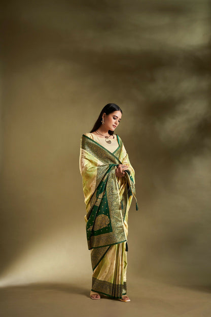 Joban Fashion Cream & Light Green Plain With Weaving Border Banarasi Silk Sarees