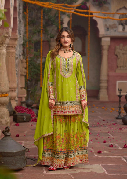 Anaita Parrot-Green Chinon Readymade Palazzo Suit with Codding Dori & Sequence Work