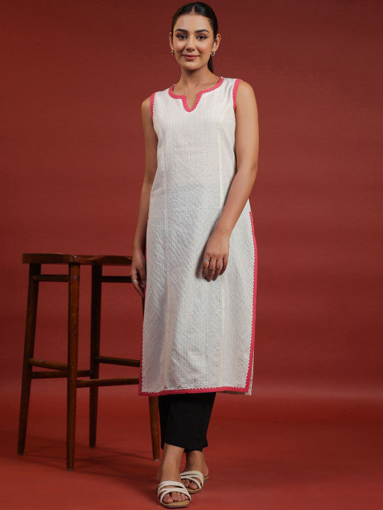 Anayna Women Geometric Thread Work Pastels Dobby Kurta