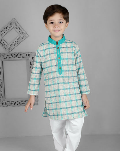 Joban Fashion Kids Island Cotton Full Sleeves Striped Kurta and Pyjama- Teal Blue