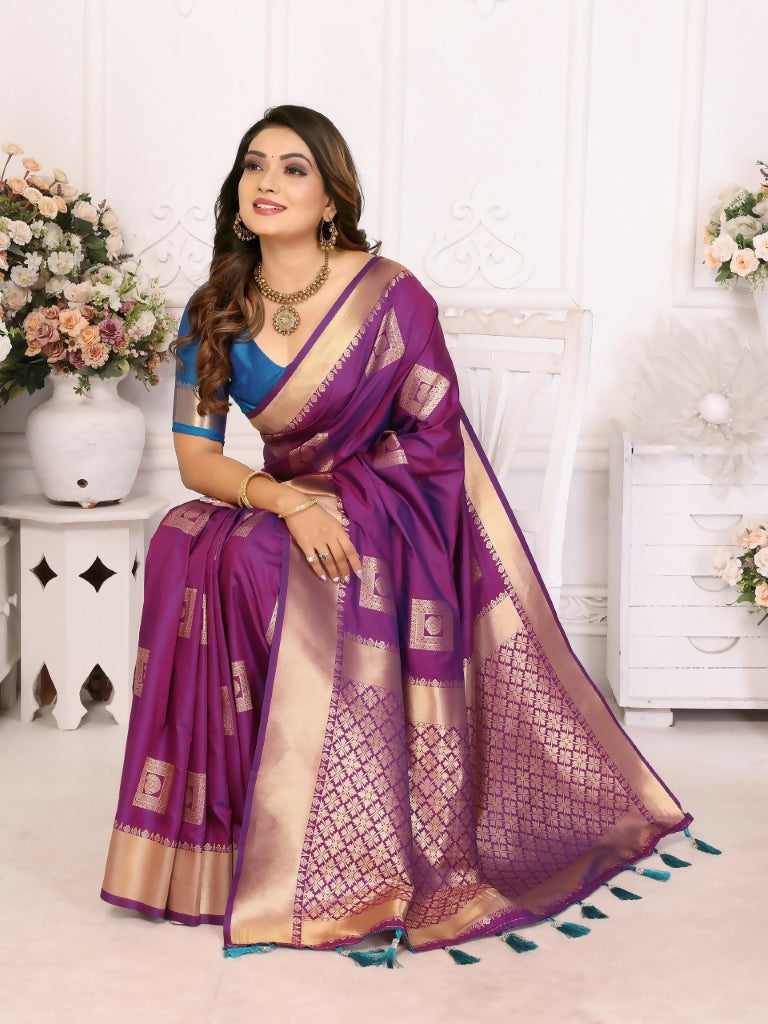 Anaita Purple Soft Silk With Zari Weaving Borders Saree With Blouse