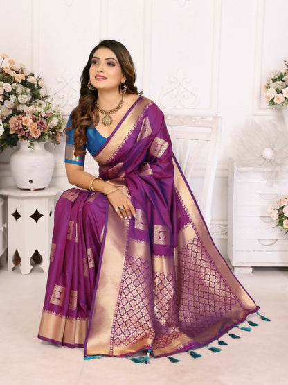 Anaita Purple Soft Silk With Zari Weaving Borders Saree With Blouse