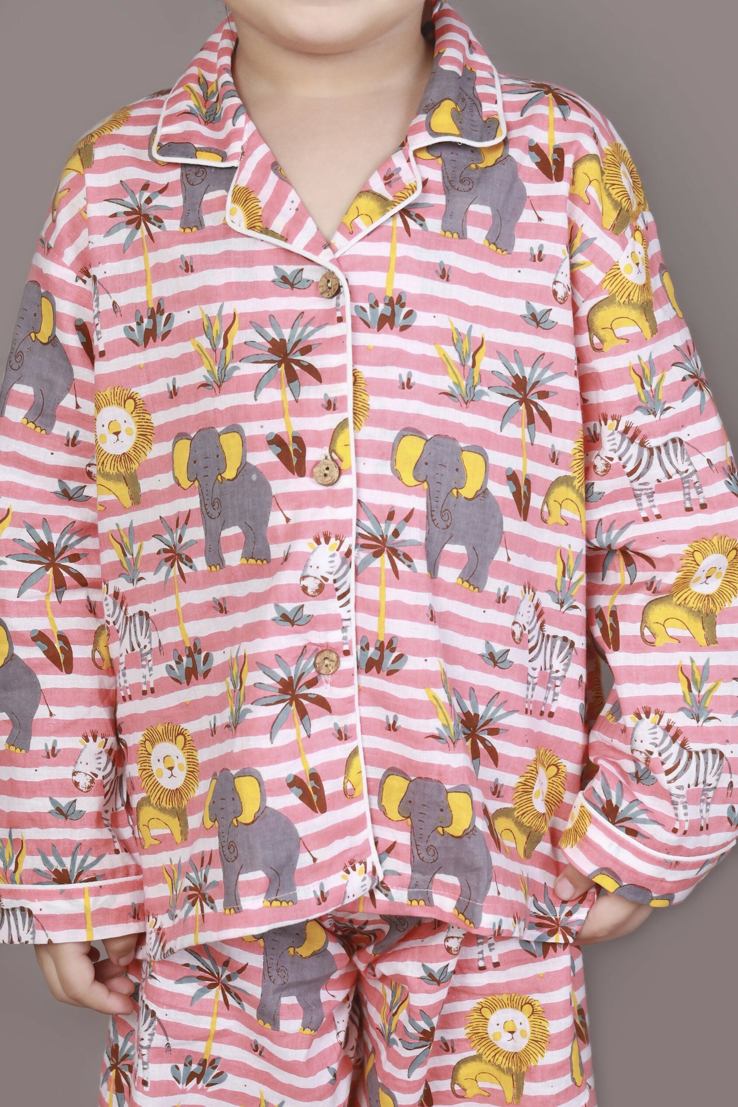 Breathables Kids Cotton Night Suit – Red & White Jungle Stripe Shirt & Pyjama Co-Ord Set For Boys & Girls