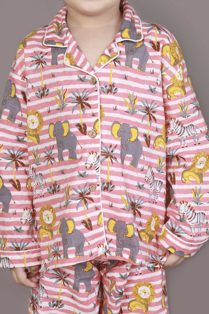 Breathables Kids Cotton Night Suit – Red & White Jungle Stripe Shirt & Pyjama Co-Ord Set For Boys & Girls