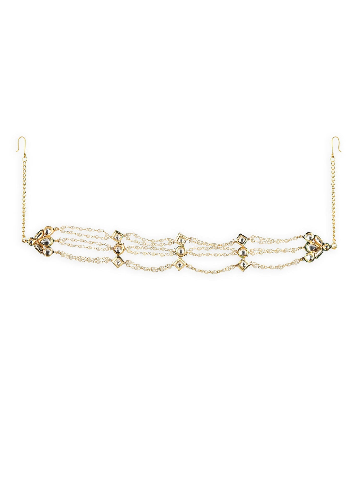Gold-Polished White Kundan-Studded Pearl Head Chains - Ruby Raang