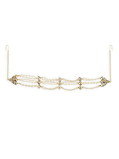 Gold-Polished White Kundan-Studded Pearl Head Chains - Ruby Raang