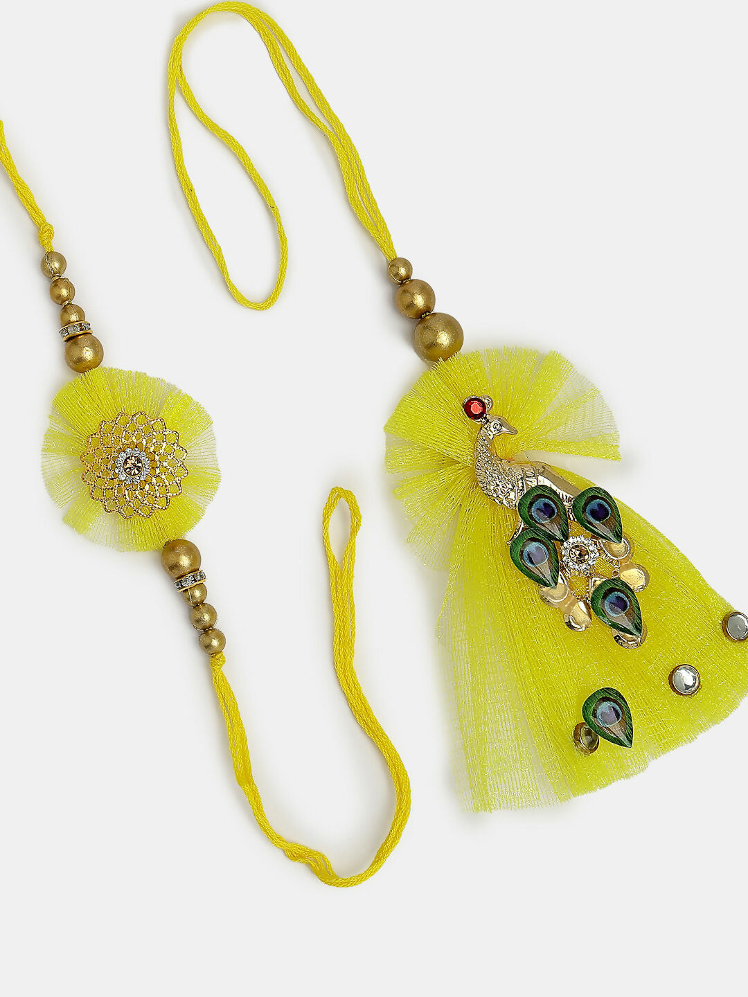 NVR Women & Men Set of 2 Yellow Peacock Design Bhaiya Bhabhi Rakhi With Roli Chawal & Chocolate