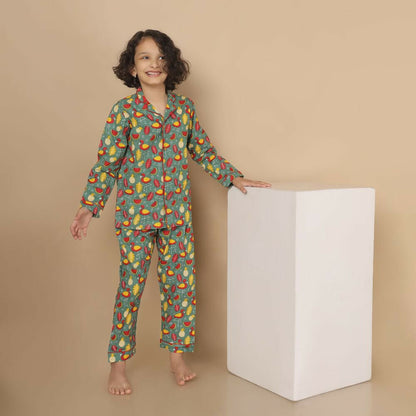 Breathables Kids Cotton Watermelon & Pineapple Print Night Suit – Green Full Sleeves Shirt & Pant Co-Ord Set | Nightwear