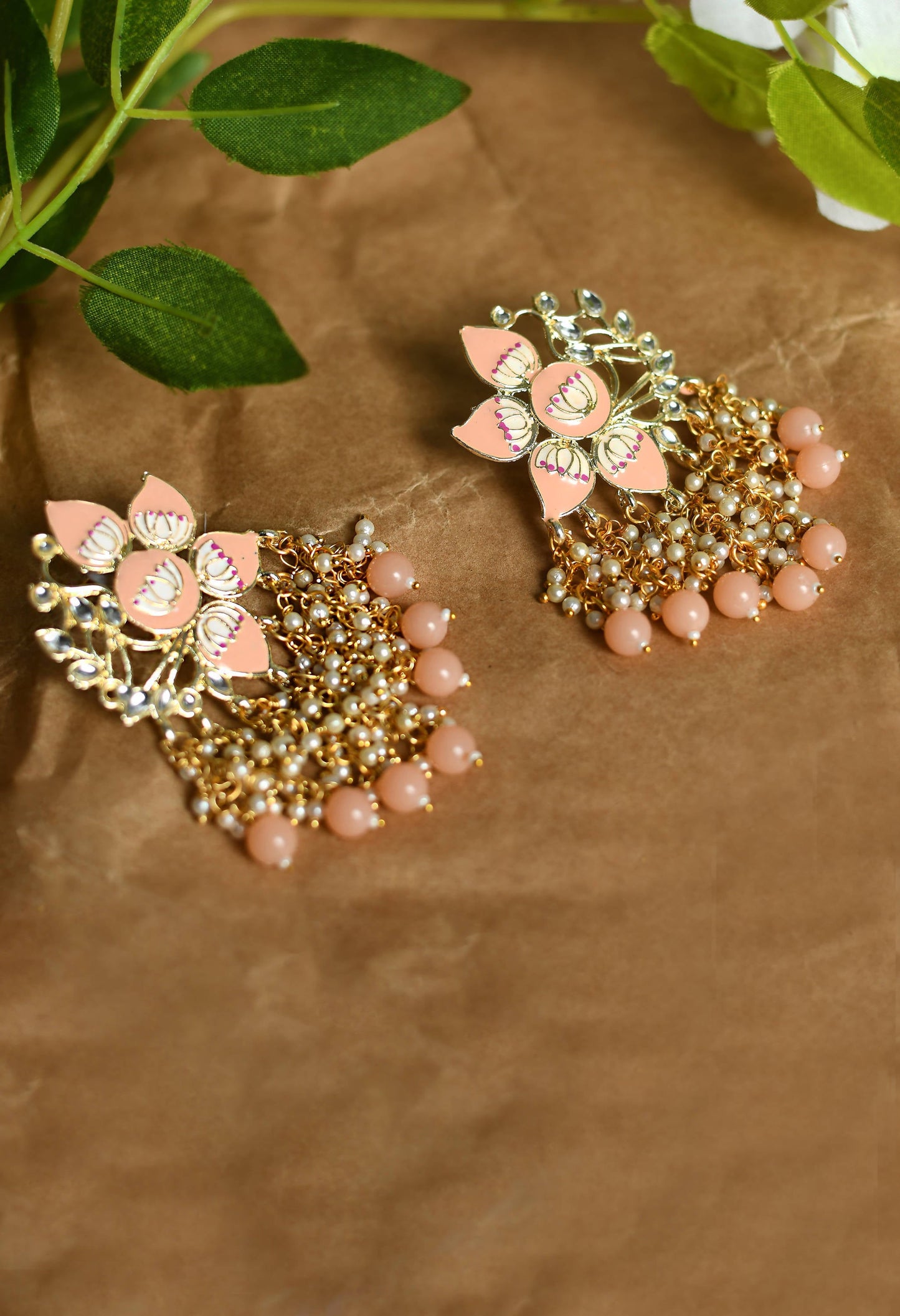 Mominos Fashion Johar Kamal Gold-Polished Kundan Peach Meenakari Earrings