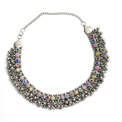 Mominos Fashion Johar Kamal Oxidised Silver-Plated Meena Work Choker Set