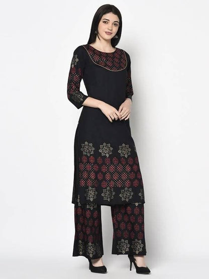 Aniyah Rayon Black Color Block Print Straight Kurta (AN-190K)