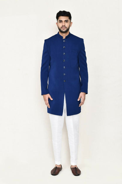 Joban Fashion Blue Colored Imported Jacquard Fabric Open Jacket, Indo Western With Straight Fit Pant