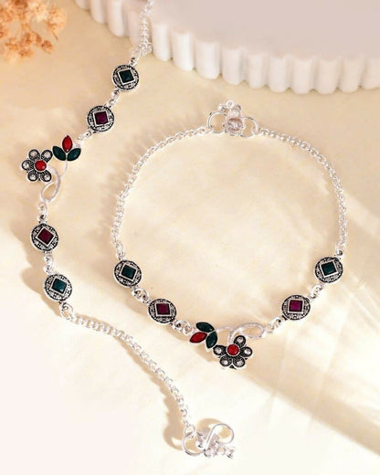 VOJ Set of 2 Traditional Multi Color Stone Studded Designer Anklet