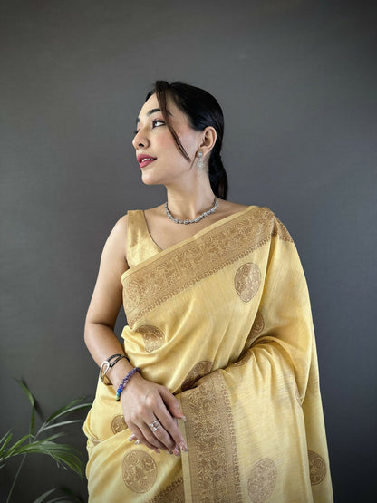 Joban Fashion Yellow Floral & Paisley Linen Silk Banarasi Saree