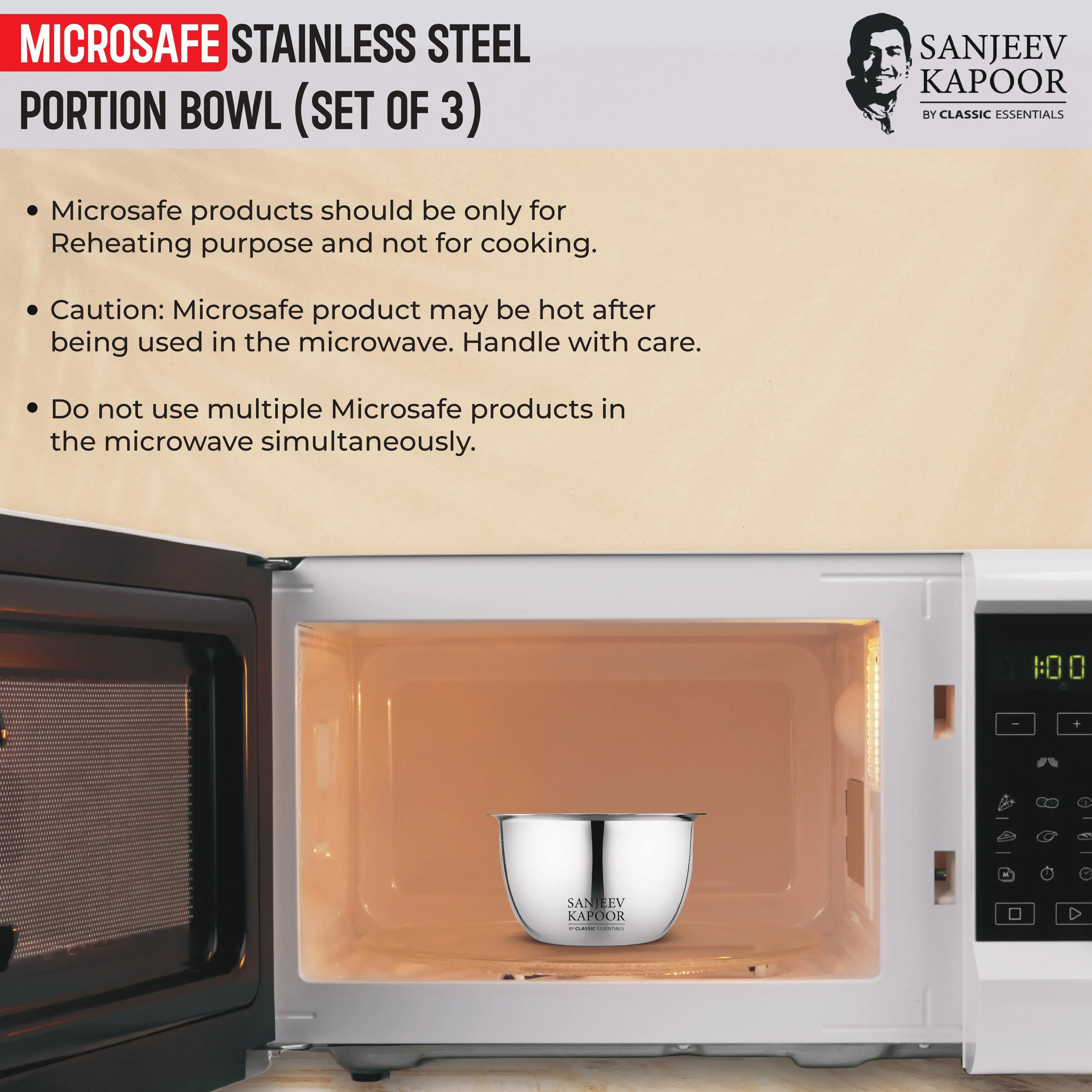 Classic Essentials MICROSAFE Stainless Steel Portion Bowl Set 3pc (750ml+1000ml+1500ml)