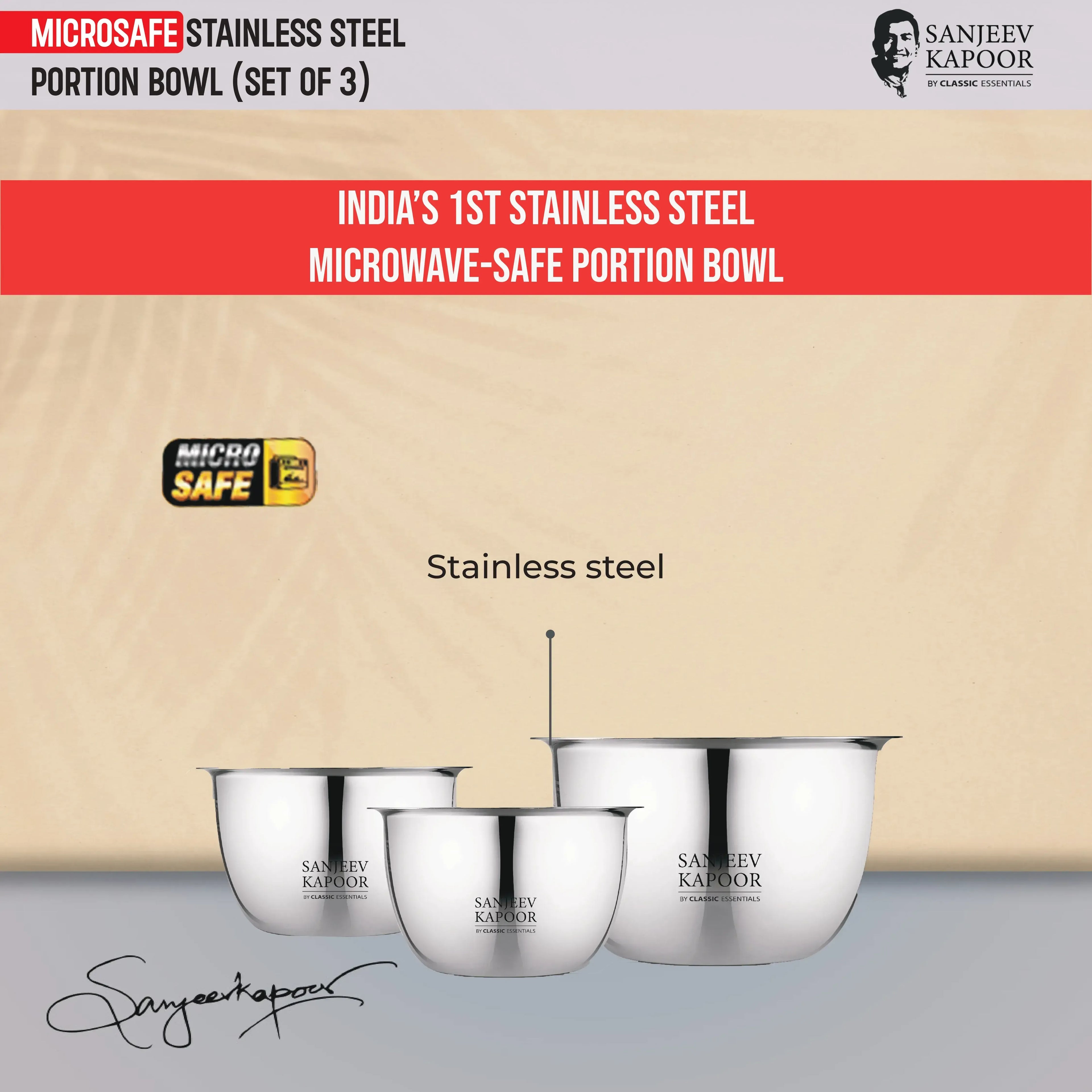 Classic Essentials MICROSAFE Stainless Steel Portion Bowl Set 3pc (750ml+1000ml+1500ml)