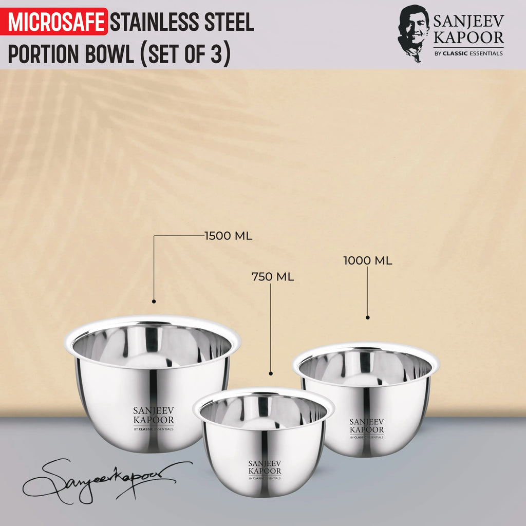 Classic Essentials MICROSAFE Stainless Steel Portion Bowl Set 3pc (750ml+1000ml+1500ml)