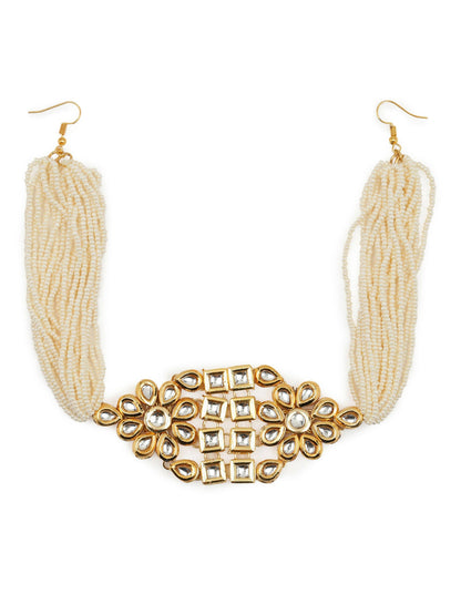 Gold-Polished White Kundan-Studded Pearl Beaded Hair Band - Ruby Raang