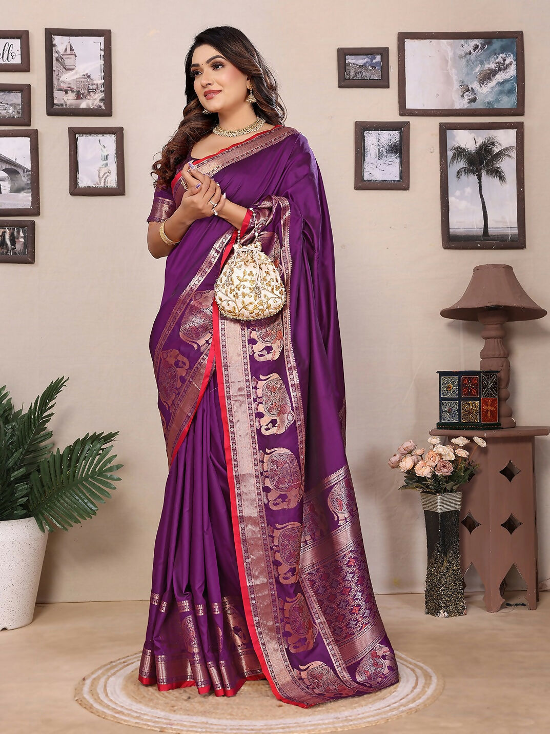 Joban Fashion Purple Solid Banarasi Silk Sarees