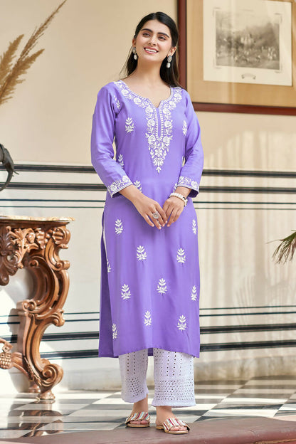 The52 Lavender Women's Gorgeous Chikankari work Pure Rayon Fabric Straight Kurta, Pant Set