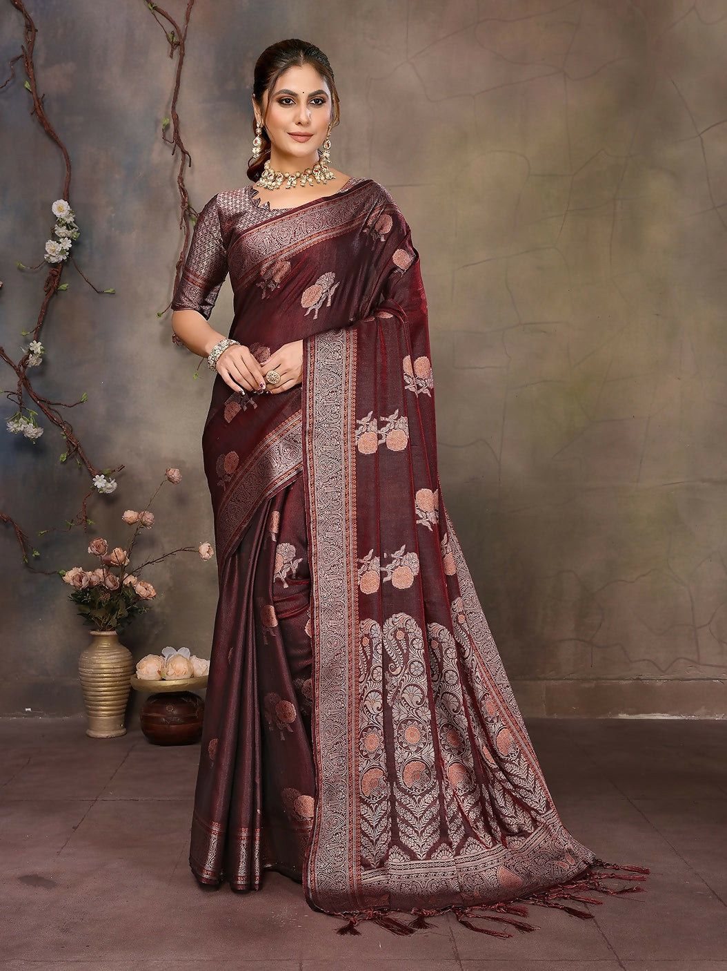 Joban Fashion Wine Woven Jacquard Banarasi Silk Sarees