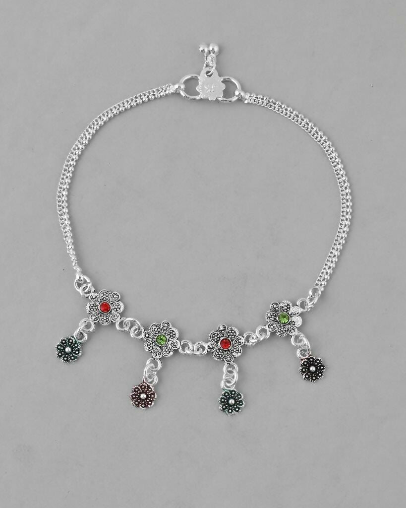 VOJ Set of 2 Silver Plated Meenakari Multi Color Anklet