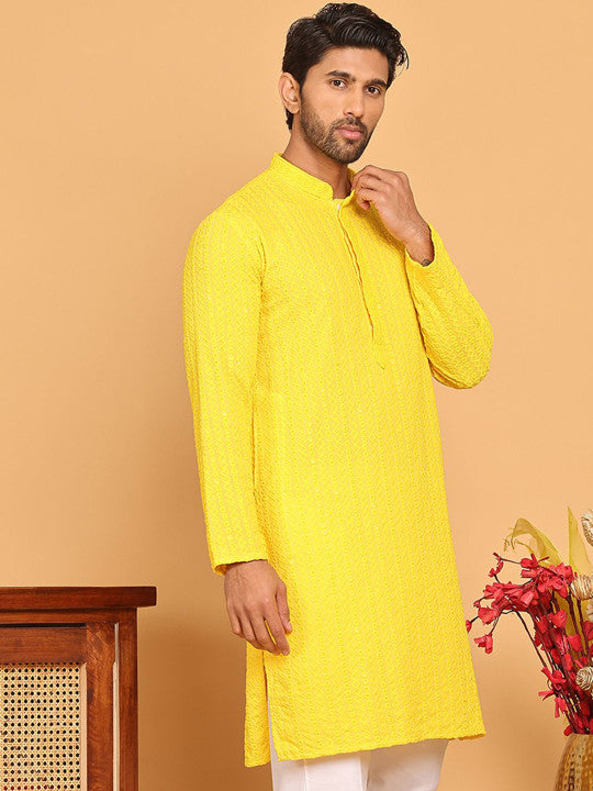 Anouk Yellow Geometric Embroidered Mandarin Collar Sequinned Straight Kurta